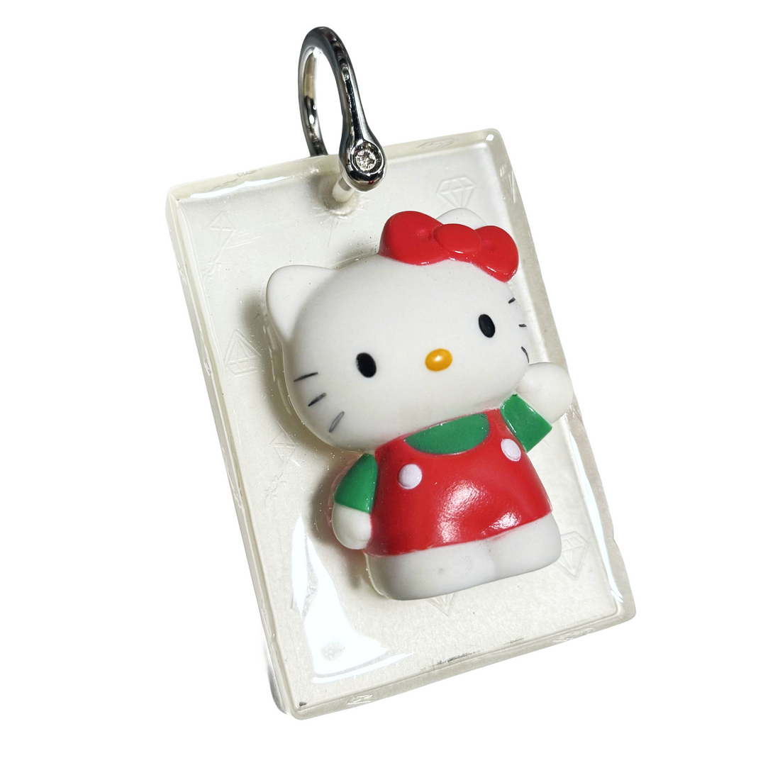 Bow Charm Kitty pendant flat front view with kitty figure encased in clear resin