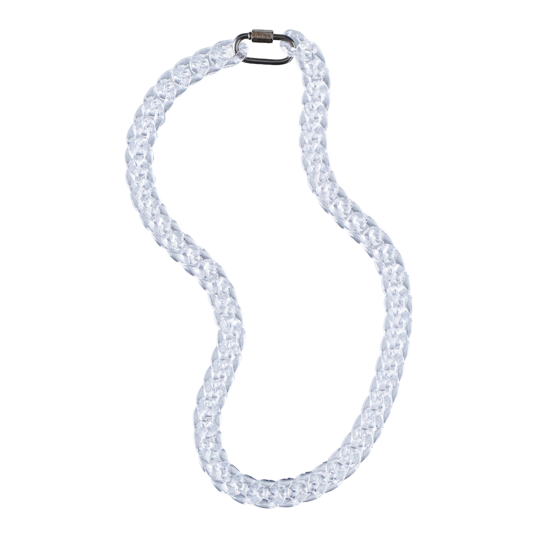 clear resin Cuban link necklace flat on white background