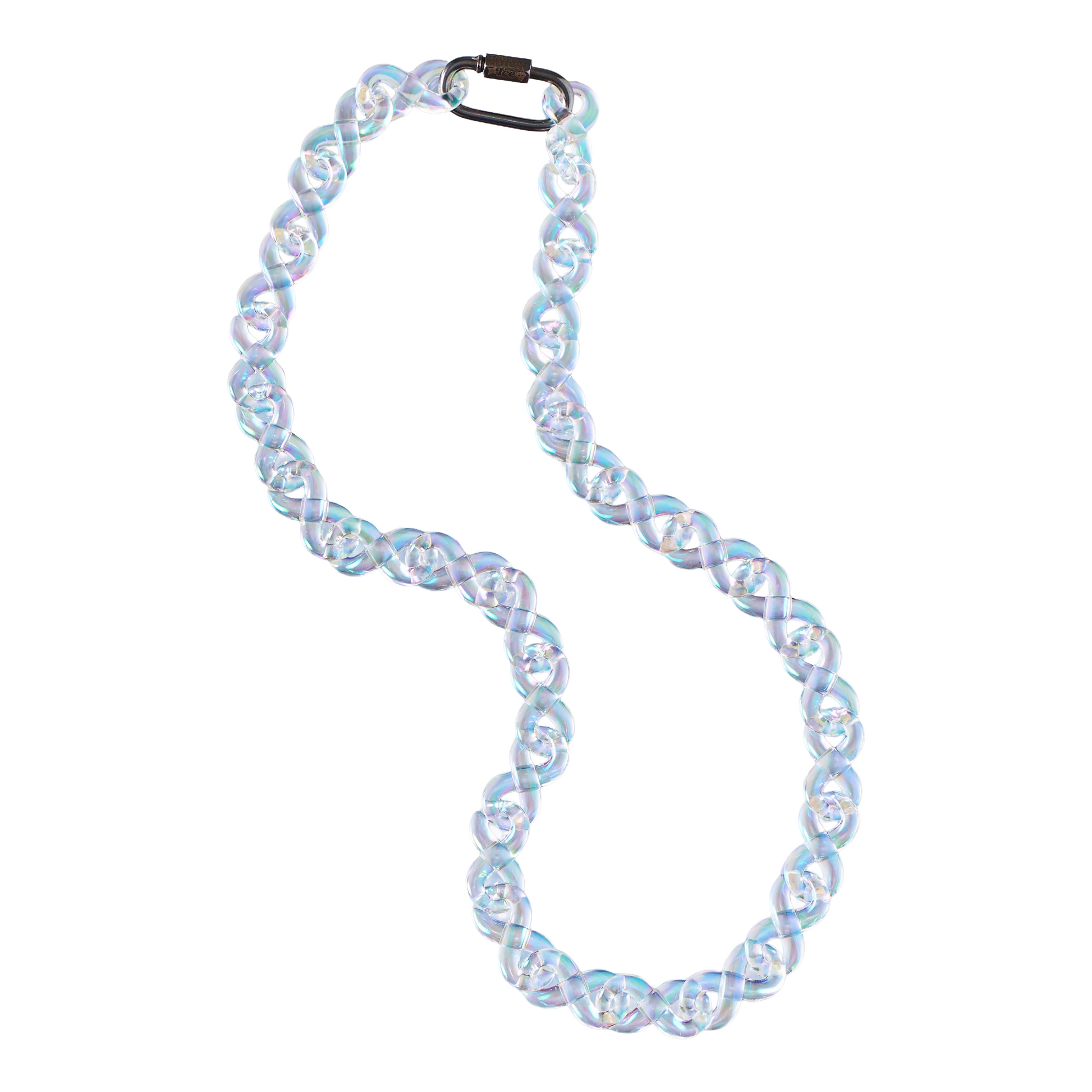 iridescent resin infinity link necklace angled flat showing color shifts