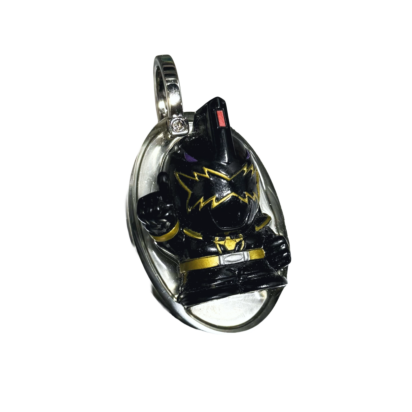 Night Ranger pendant flat front view with black-and-gold hero figure in clear resin