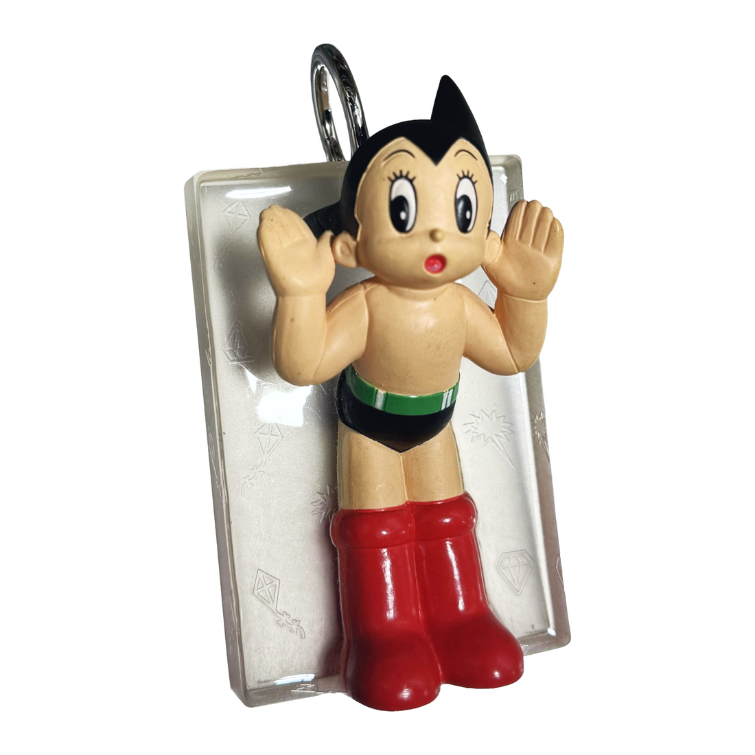 Space Kid pendant flat front view with hand-painted retro robot inside clear resin block”